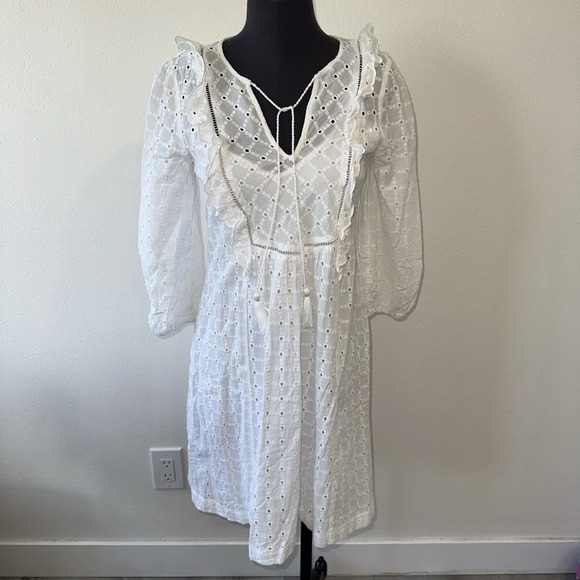 Anthropologie Thames White Eyelit Cotton Mini Dress‎ Long Sleeve Size 2 - Picture 2 of 11